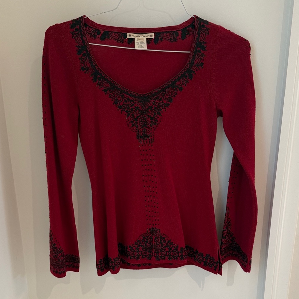 Nanette Lepore Red and Black Embroidered Blouse